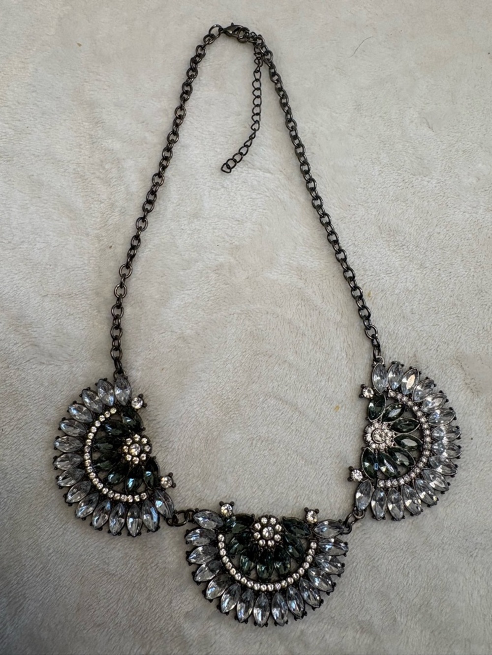 Bib Style Necklace Gun Metal Marquis Rhinestones Victorian Collar Silver Tone